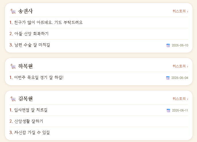 목원별로 정리된 기도제목